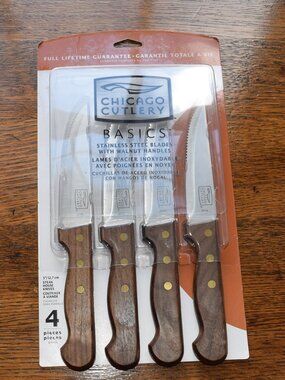 Chicago Cutlery Basics Steak Knives Set 4 Walnut Wood Handle Brass Rivets NEW